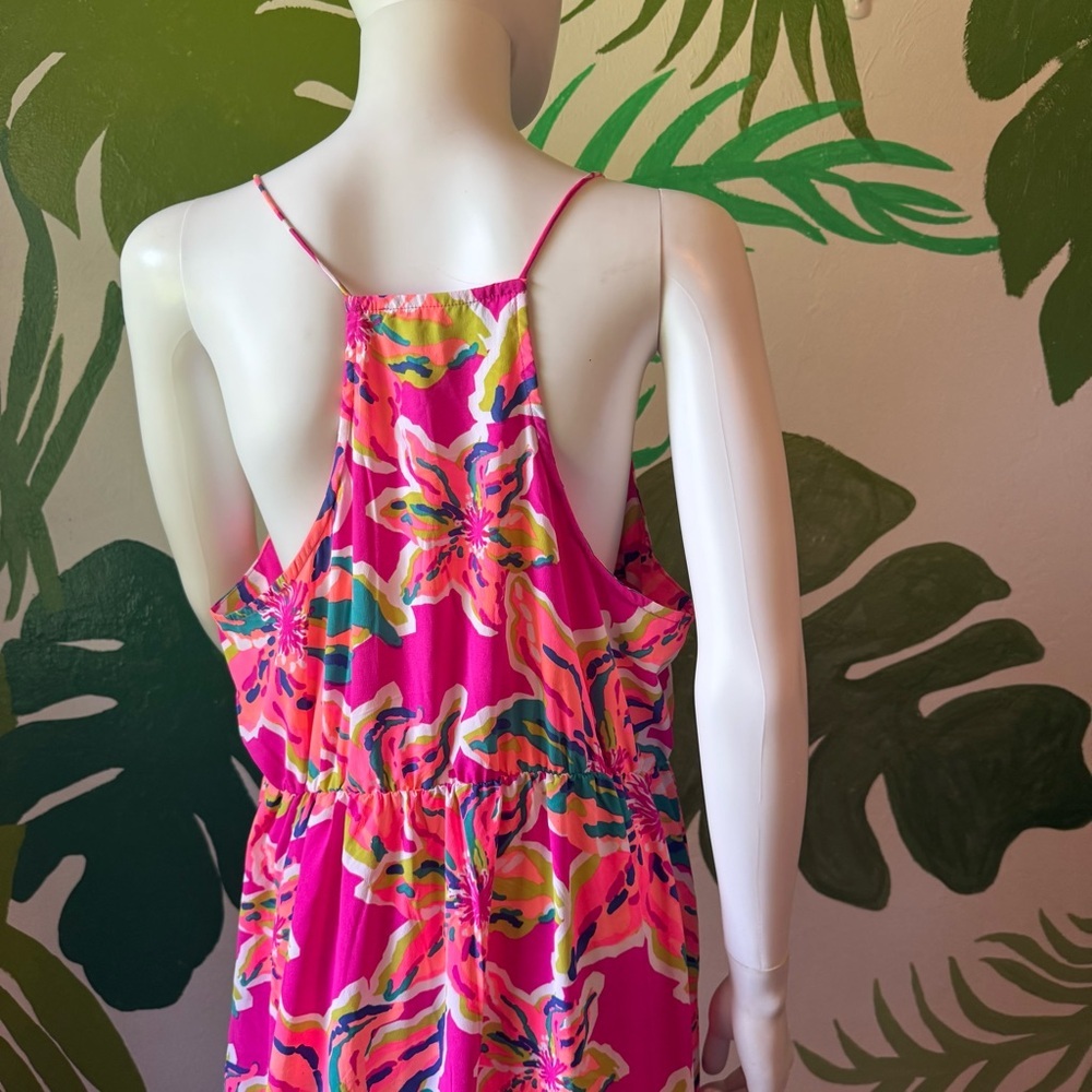 Bright Neon Pink Floral Maxi One-Piece Dress with Slit - Picture 4 of 7